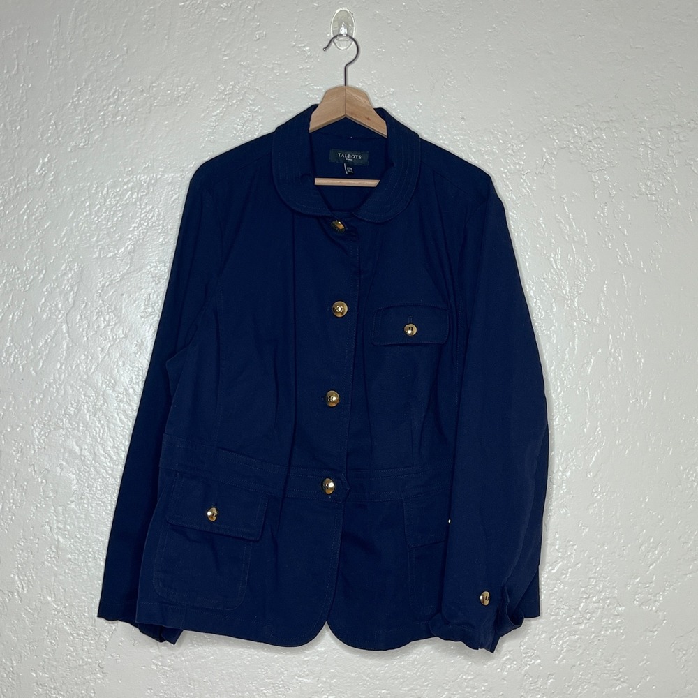Talbots Woman Navy Blue Cotton Utility Blazer Gold Buttons 22W